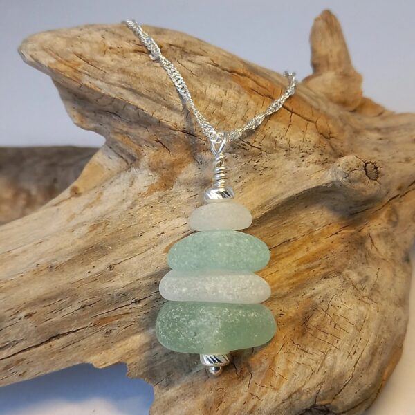 Aqua Sea Glass Stacker Sterling Silver Necklace - 18" Curb Chain Bag