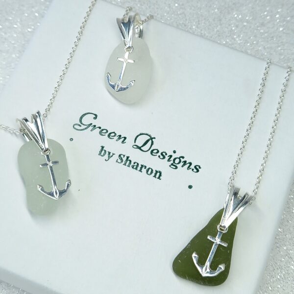 Sterling Silver Sea Glass Anchor Charm Necklace - Clear Bag