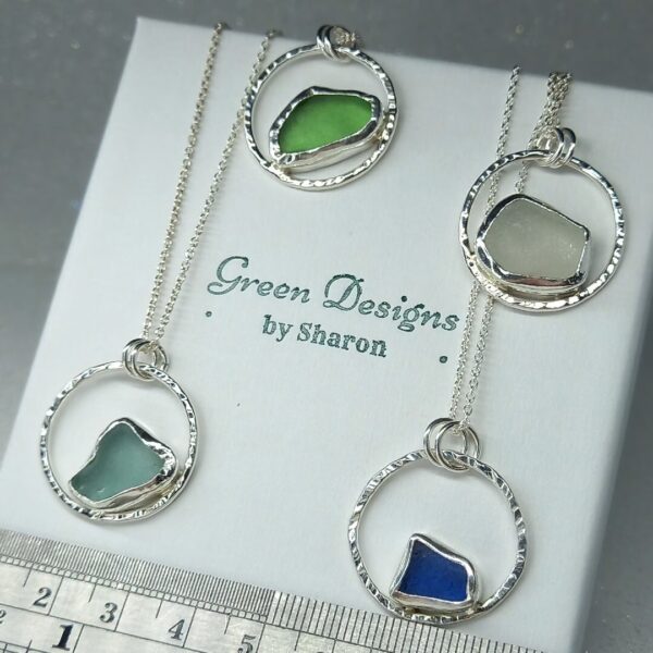 Sterling Silver Hammered Hoop with Sea Glass Necklace - Clear