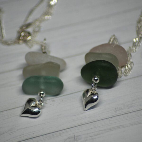 Sea Glass Stack with Sterling Silver Heart Charm Necklace - Seafoam & Clear