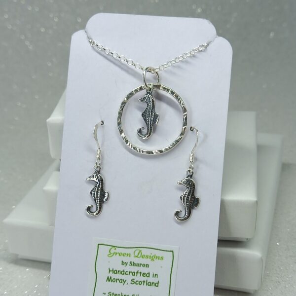 Sterling Silver Hammered Hoop with Seahorse Charm Jewellery Set - Bag