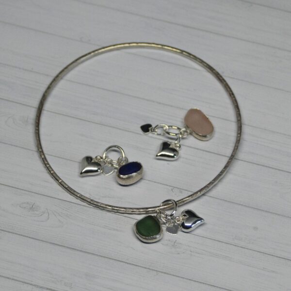 Sterling Silver Bangle with Sea Glass and Heart Charms - Blue