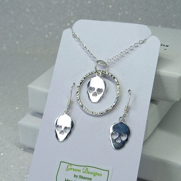 Sterling Silver Hammered Hoop with Skull Charm Jewellery Set - Bag