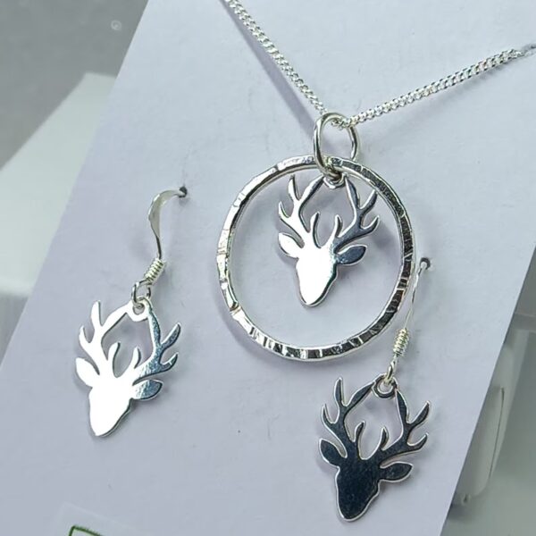 Sterling Silver Hammered Hoop with Stag Charm Jewellery Set - Bag