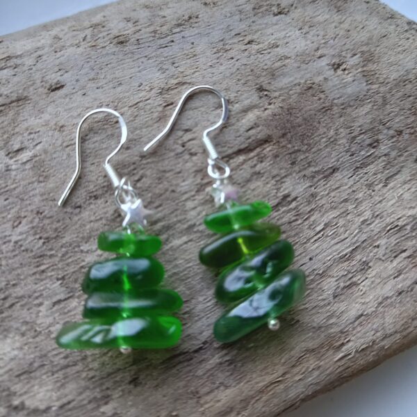 Sterling Silver Green Sea Glass Christmas Tree Earrings