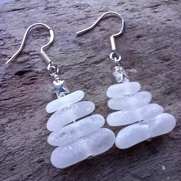 Sterling Silver White Sea Glass Christmas Tree Earrings