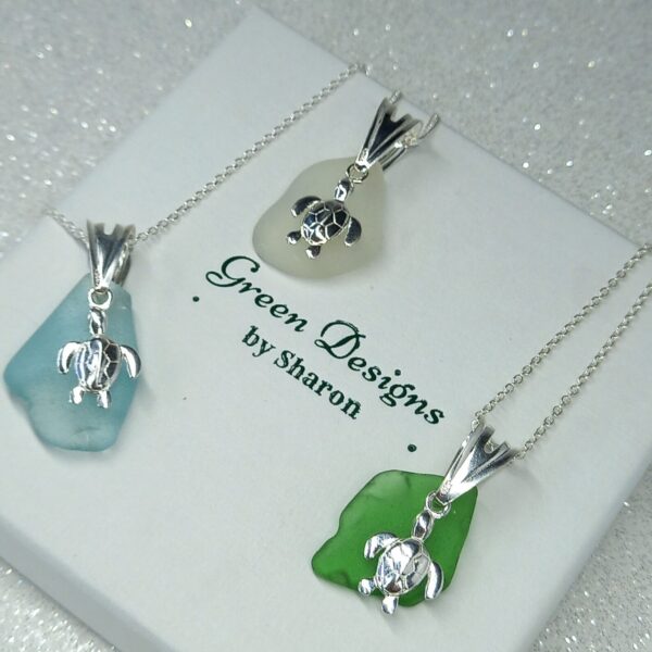 Sterling Silver Green Sea Glass Turtle Charm Necklace - Bag