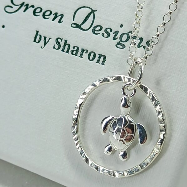 Sterling Silver Hammered Hoop with Turtle Charm Necklace - Bag