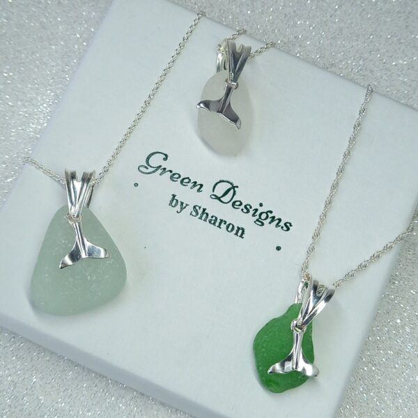 Sterling Silver Clear Sea Glass Whale Tail Charm Necklace - green in Bag