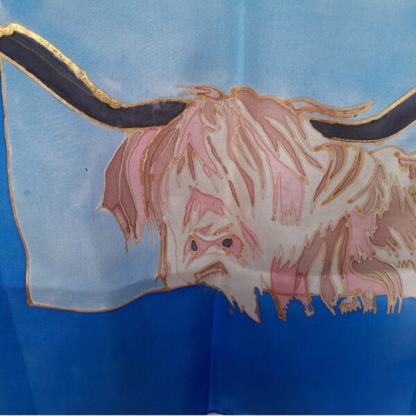 Blue and Gold Highland Cow Long Silk Scarf