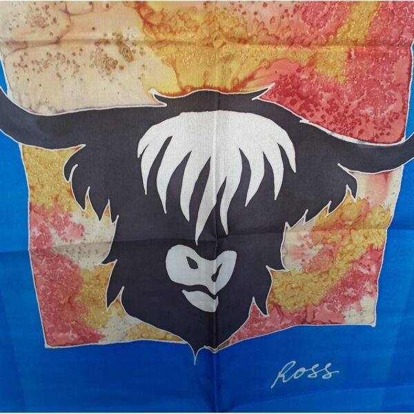Blue and Rust Highland Cow Long Silk Scarf