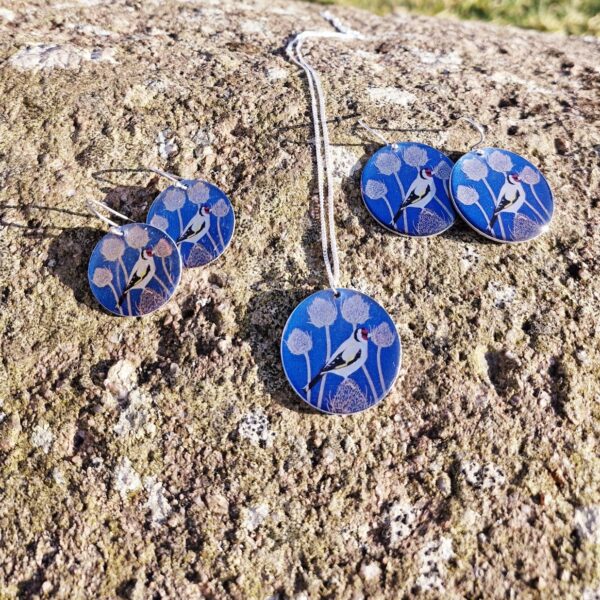 Goldfinch on Teasels Disc Earrings 25 mm
