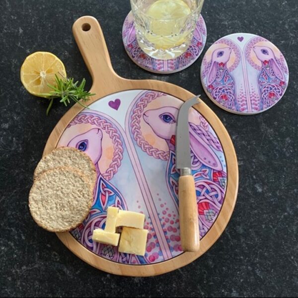 Celtic Hare Wooden Cheeseboard & 2 Coasters