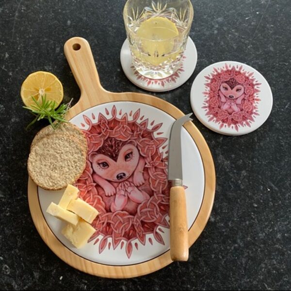 Celtic Hedgehog Wooden Cheeseboard & 2 Coasters