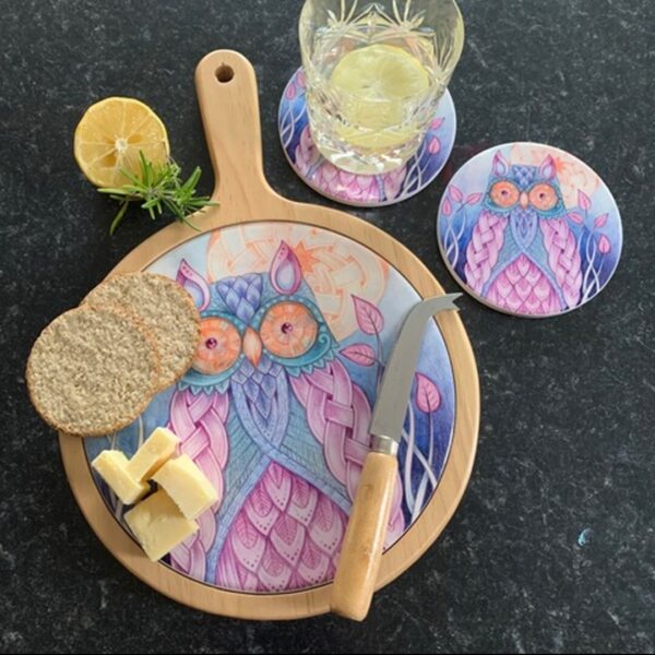 Celtic Owl Wooden Cheeseboard & 2 Coasters