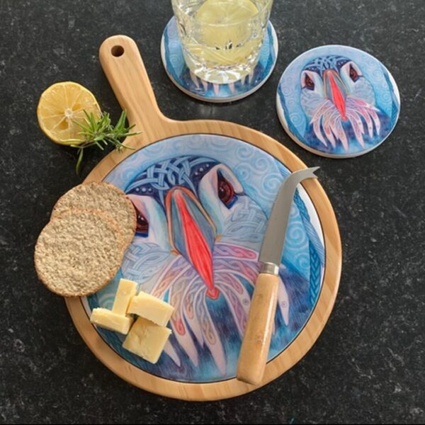 Celtic Puffin Wooden Cheeseboard & 2 Coasters