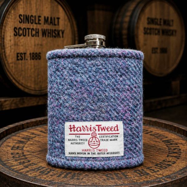 8oz Hip Flask with Blue Purple Harris Tweed Sleeve