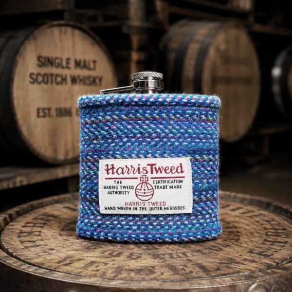 6oz Hip Flask with Blue Stripe Harris Tweed Sleeve - No Box