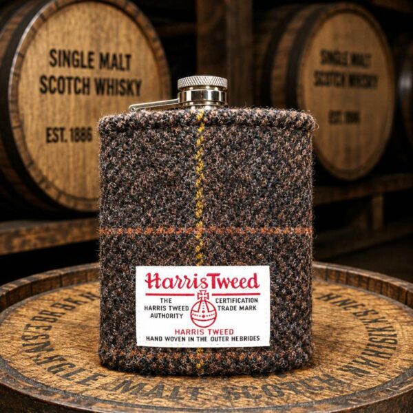 8oz Hip Flask with Brown Harris Tweed Sleeve