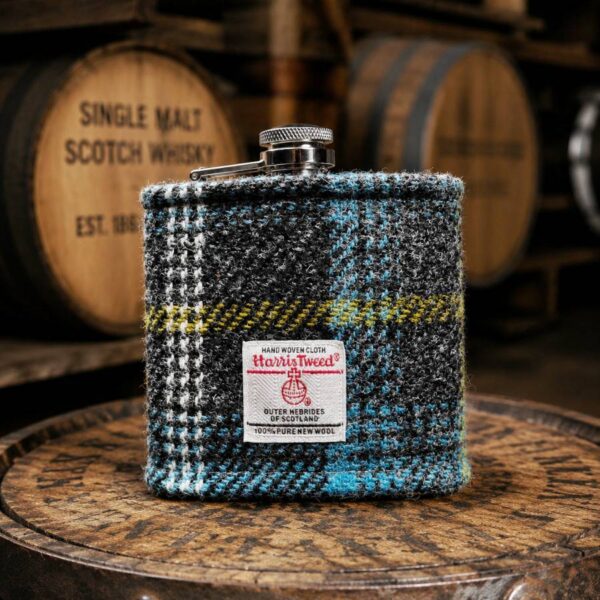 6oz Hip Flask with Grey Skies Harris Tweed Sleeve - No Box