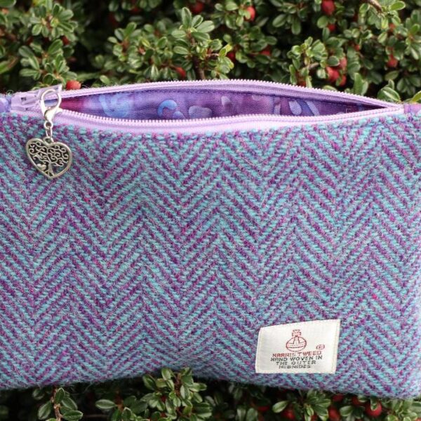 Purple Herringbone Harris Tweed Coin Purse with Tree of Life Charm