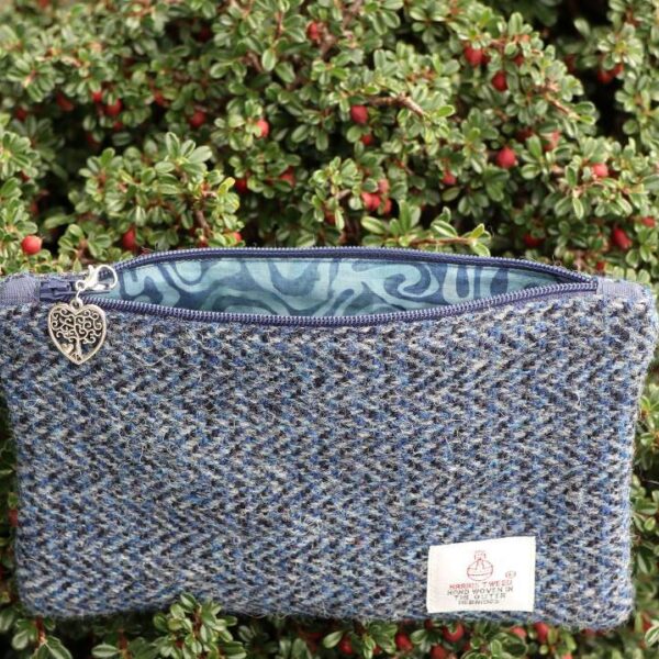 Dark Blue Herringbone Harris Tweed Coin Purse with Tree of Life Charm