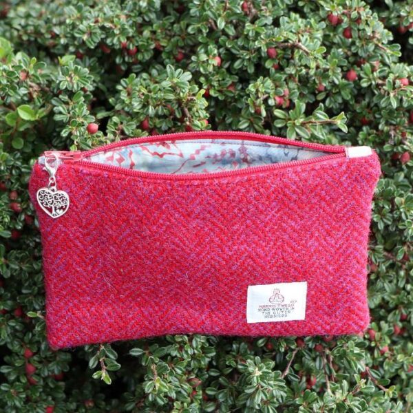 Red Herringbone Harris Tweed Coin Purse with Tree of Life Charm