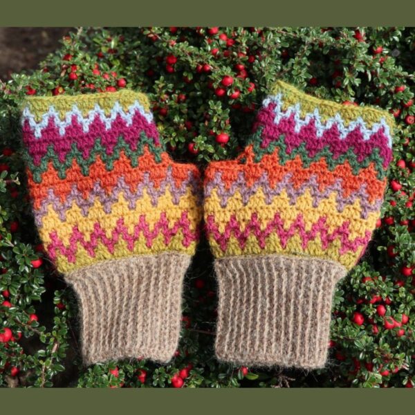 Multicoloured Alpaca Wool Mittens with Light Brown Cuff