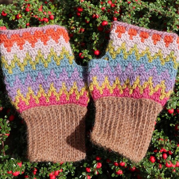 Multicoloured Alpaca Wool Mittens with Brown Cuff
