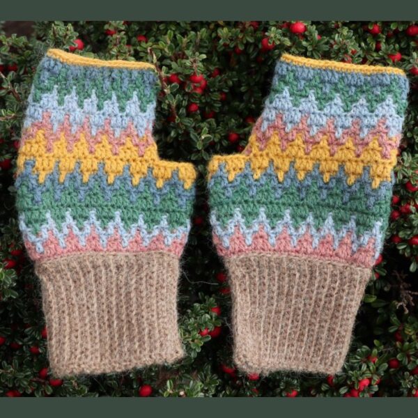 Multicoloured Mittens with Light Brown Cuff