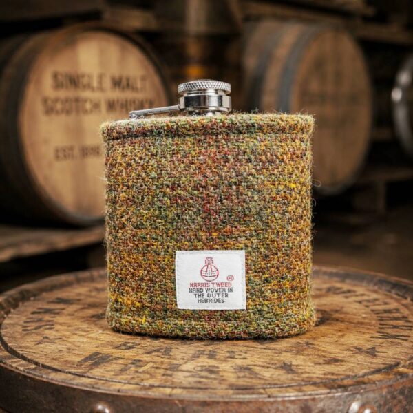 6oz Hip Flask with Olive Green Harris Tweed Sleeve - No Box