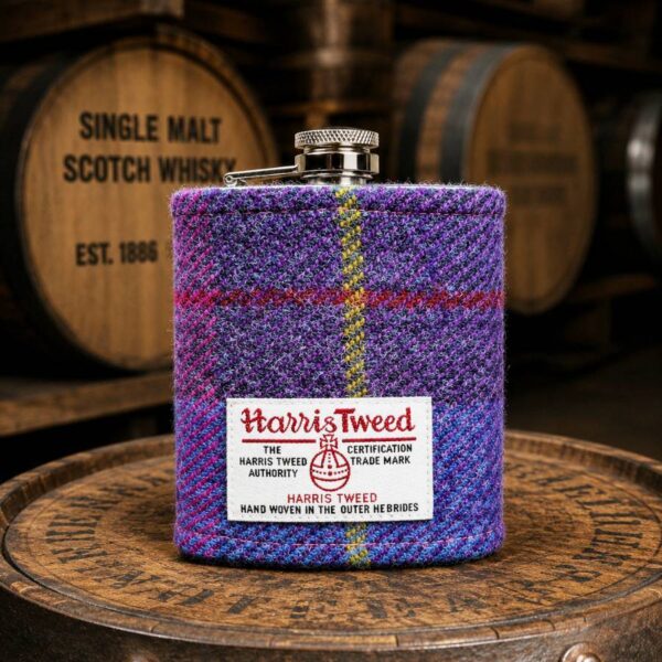 8oz Hip Flask with Purple Tartan Harris Tweed Sleeve