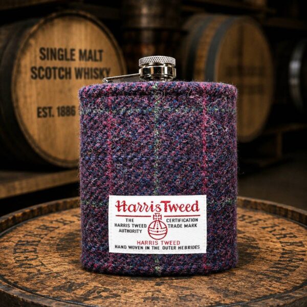 8oz Hip Flask with Heather Purple Harris Tweed Sleeve
