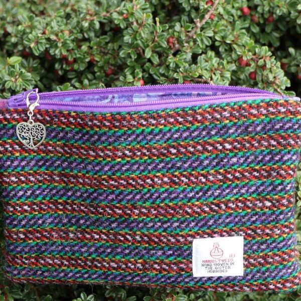 Purple Stripe Harris Tweed Coin Purse With Tree of Life Charm