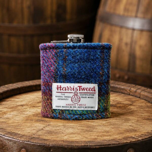 6oz Hip Flask with Raspberry, Blue, Green Harris Tweed Sleeve - No Box