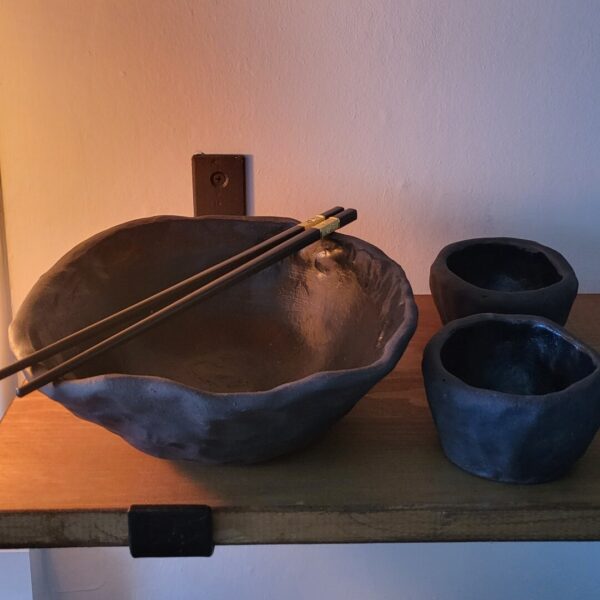 Black Stone Noodle Bowl with Two Dipping Pots