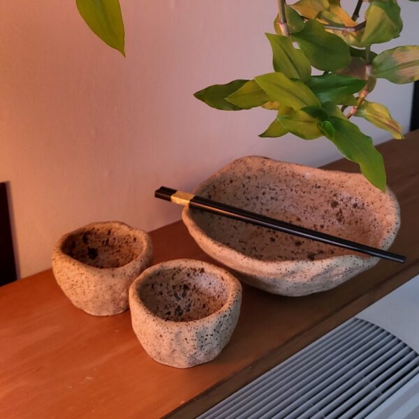 Speckled Stone Noodle Bowl with Two Dipping Pots