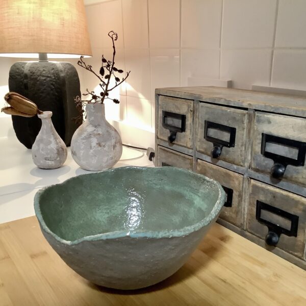 Grey Stone Bowl with Green Glaze