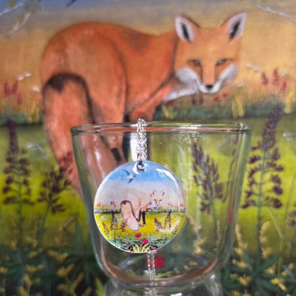 Fox and Swallows Disc Pendant