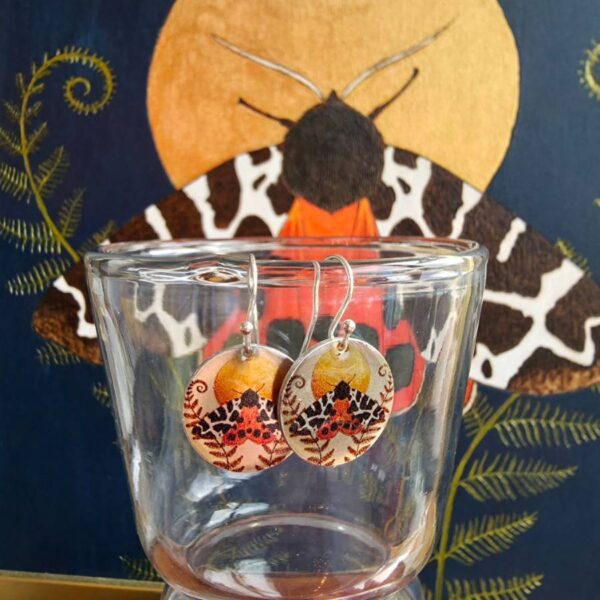 Rose Gold Garden Tiger Moth Dinky Drop Disc Earrings