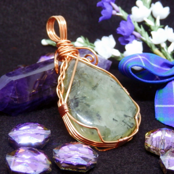 Copper Wire Wrapped Prehnite Pendant