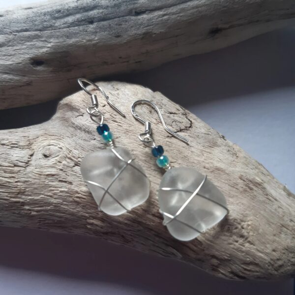 Sea Glass Earrings with Wire Detail - Clear Blue Beads