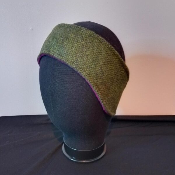 Green Herringbone Tweed Headband Plum Lining
