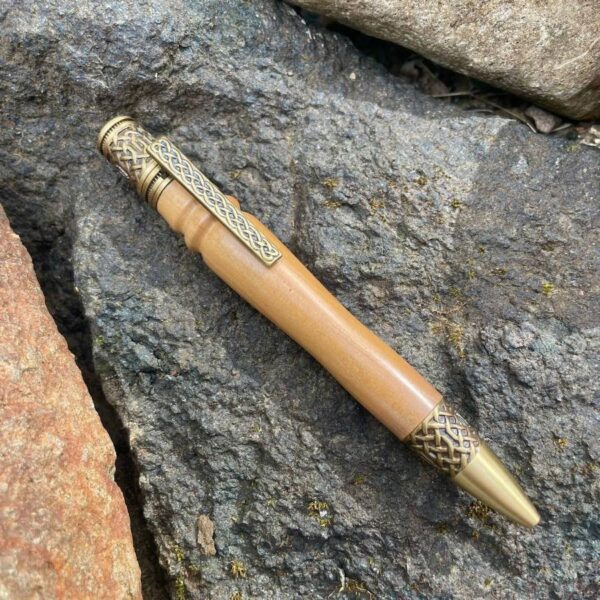 Hand Turned Hawthorn and Brass Celtic Design Pen