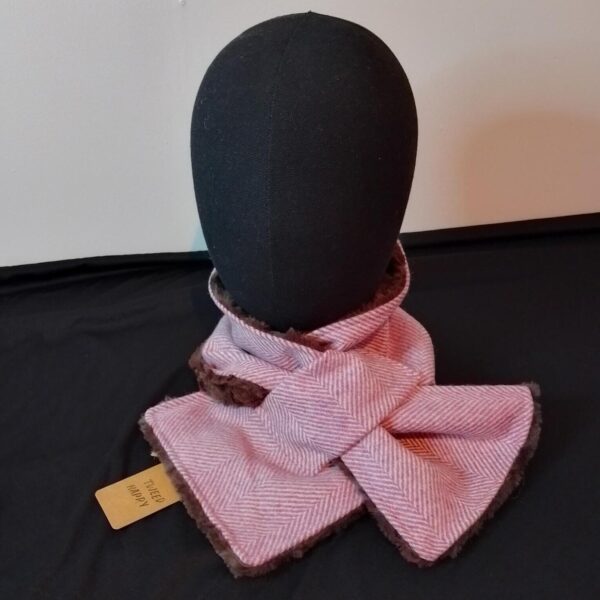 Pink Herringbone Tweed Scarf Faux Mink Fur Lining