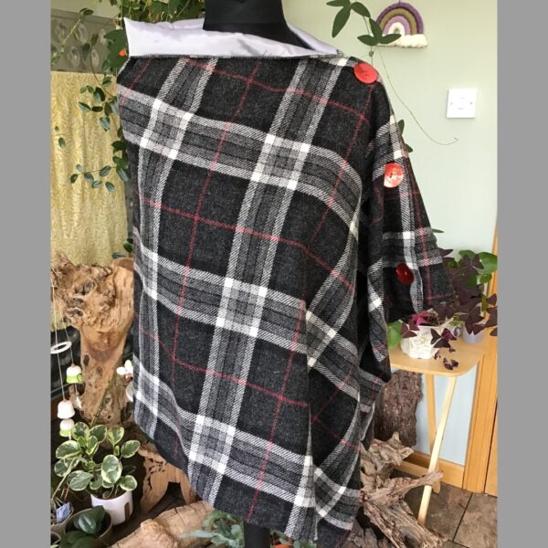 Black, Grey and Red Check Tweed Cape Poncho