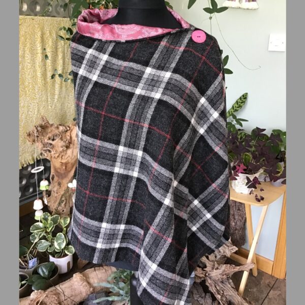 Black, Grey and Red Check Tweed Cape Poncho