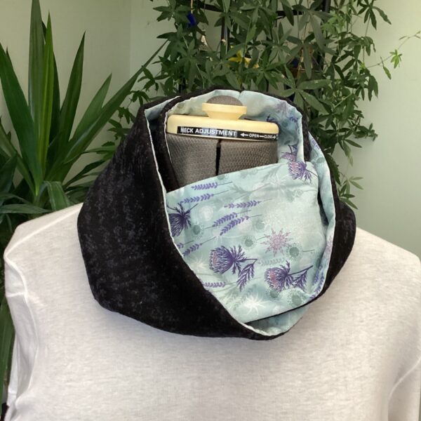 Black Tweed Infinity Scarf with Thistle Lining