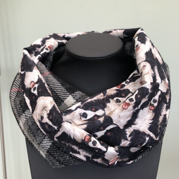 Black and White Tweed Infinity Scarf with Collie Dog Lining