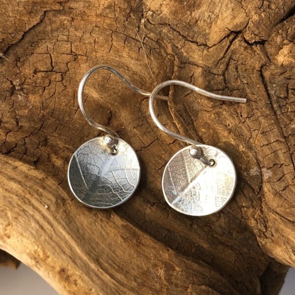 Sterling Silver Disc with Leaf Imprint Earrings